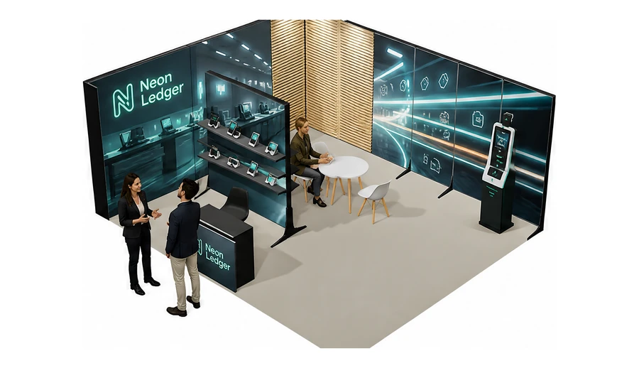 Stoisko 6 × 5 m narożne lewe dla branży technologie dla handlu, przykładowa marka Neon Ledger
