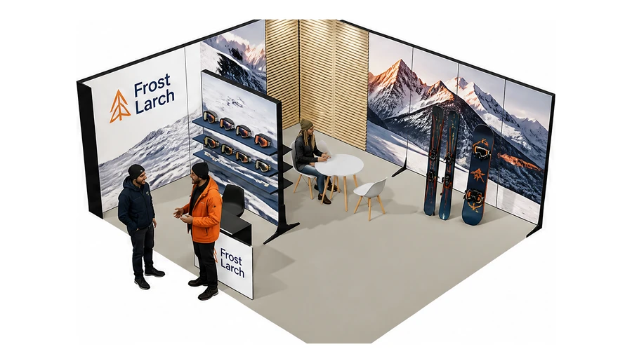 Stoisko 6 × 5 m narożne lewe dla branży narciarstwo i sporty zimowe, przykładowa marka Frost Larch