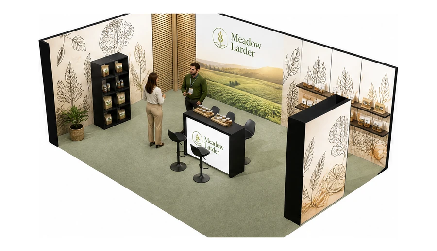 Stoisko 6 × 5 m narożne lewe dla branży żywność ekologiczna, przykładowa marka Meadow Larder