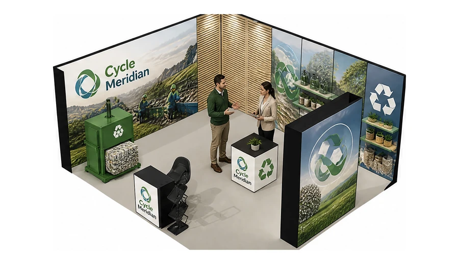 Stoisko 6 × 5 m narożne lewe dla branży recykling i ochrona środowiska, przykładowa marka Cycle Meridian