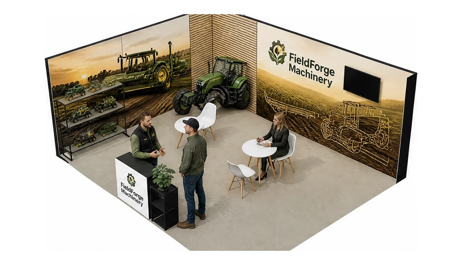 Stoisko 6 × 5 m narożne lewe dla branży maszyny rolnicze, przykładowa marka FieldForge Machinery