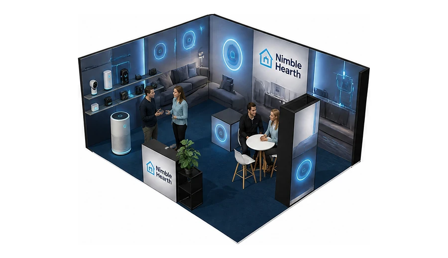 Stoisko 6 × 5 m narożne lewe dla branży smart home i IoT, przykładowa marka Nimble Hearth