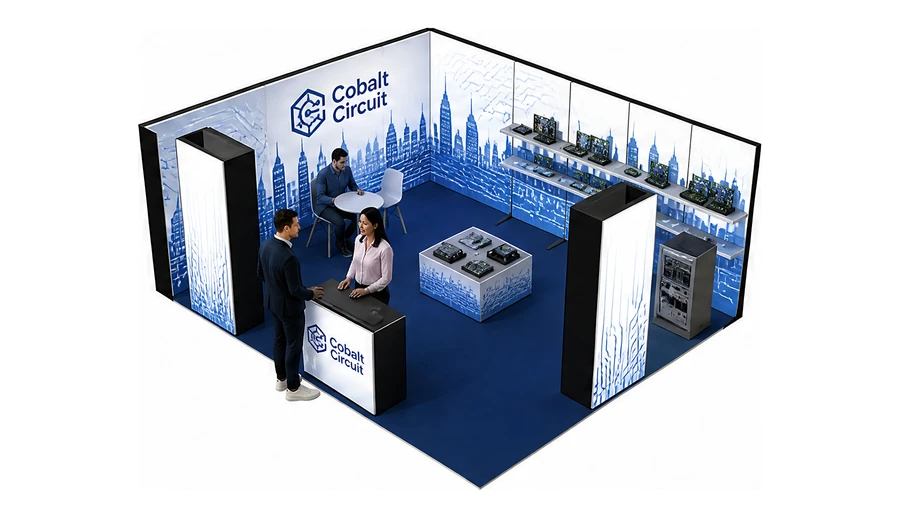 Stoisko 6 × 5 m narożne lewe dla branży komponenty elektroniczne, przykładowa marka Cobalt Circuit