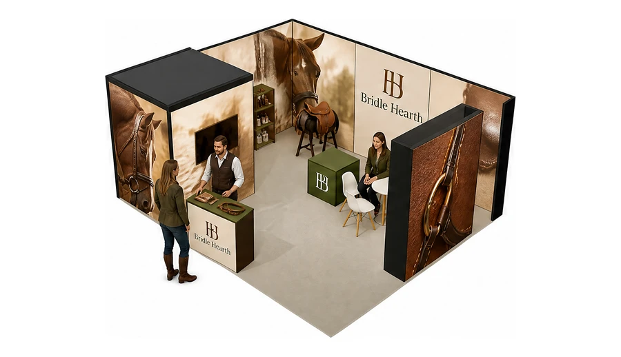 Stoisko 6 × 5 m narożne lewe dla branży jeździectwo, przykładowa marka Bridle Hearth