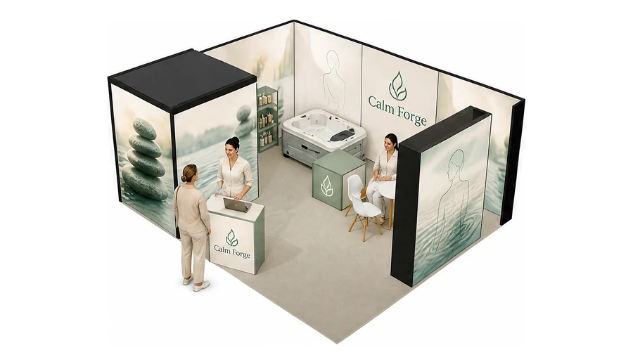 Stoisko 6 × 5 m narożne lewe dla branży spa i wellness, przykładowa marka Calm Forge