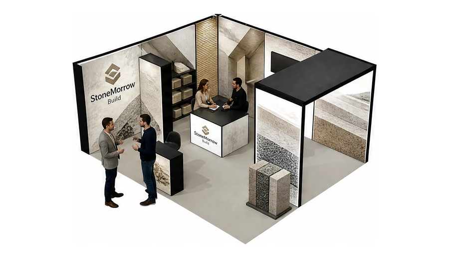 Stoisko 6 × 5 m narożne lewe dla branży materiały budowlane, przykładowa marka StoneMorrow Build