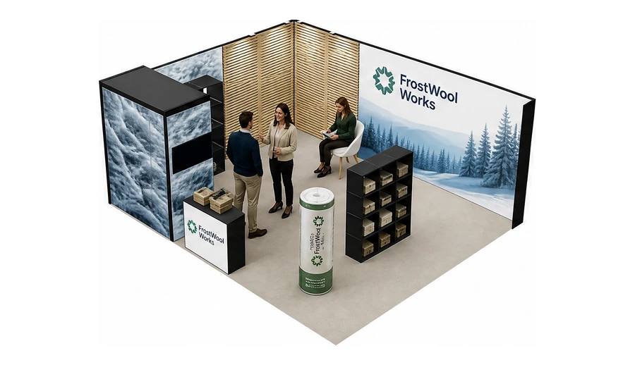 Stoisko 6 × 5 m narożne lewe dla branży izolacje techniczne, przykładowa marka FrostWool Works