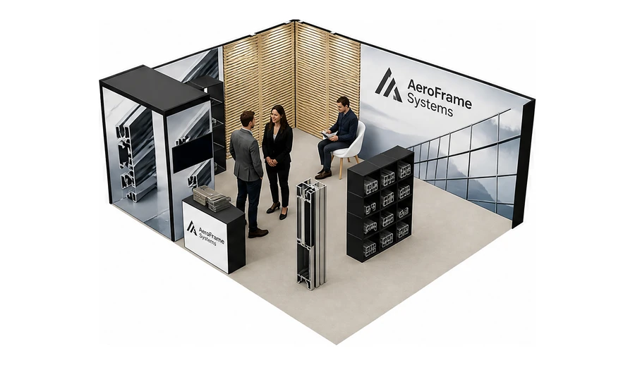 Stoisko 6 × 5 m narożne lewe dla branży profile aluminiowe, przykładowa marka AeroFrame Systems