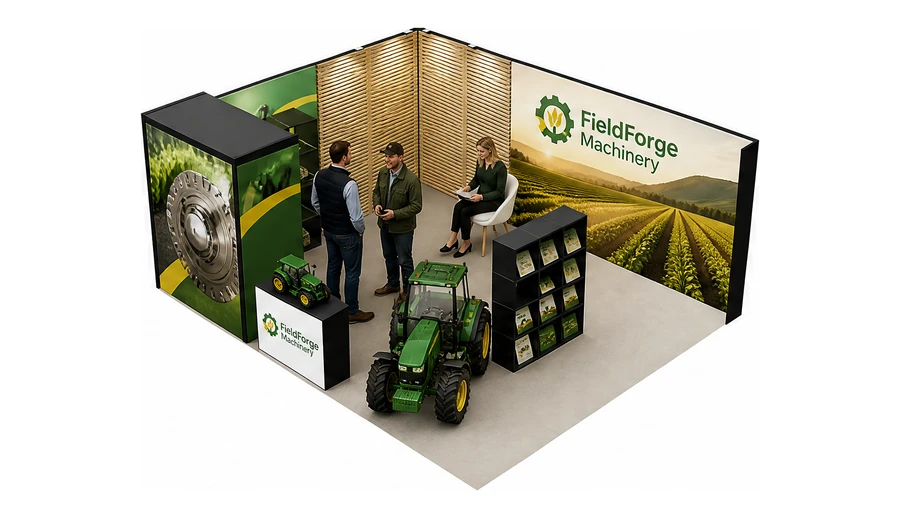 Stoisko 6 × 5 m narożne lewe dla branży maszyny rolnicze, przykładowa marka FieldForge Machinery