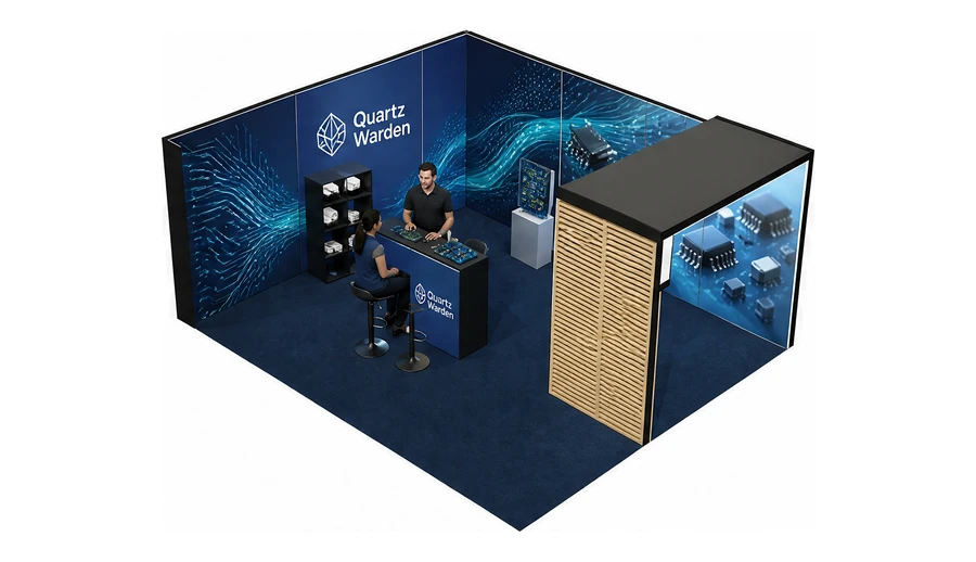 Stoisko 6 × 5 m narożne lewe dla branży komponenty elektroniczne, przykładowa marka Quartz Warden