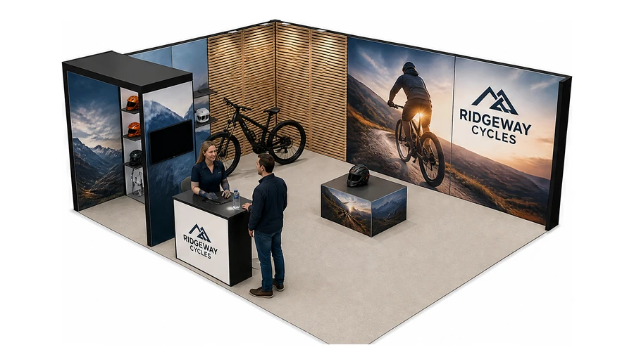 Stoisko 6 × 5 m narożne lewe dla branży rowery elektryczne, przykładowa marka Ridgeway Cycles