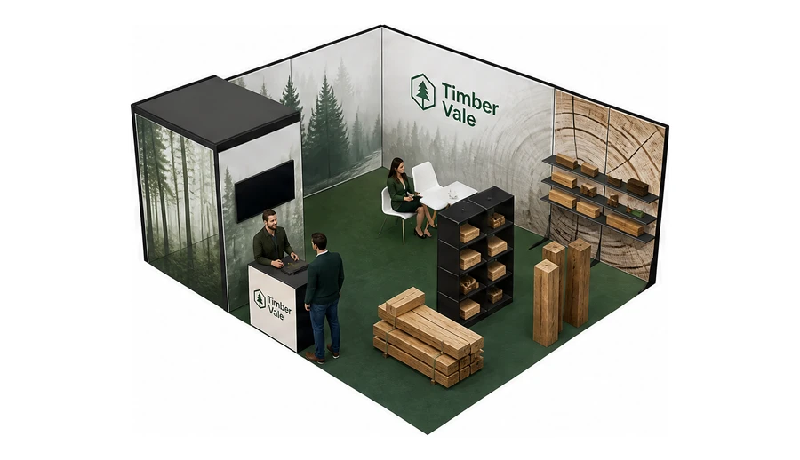 Stoisko 6 × 5 m narożne lewe dla branży leśnictwo i przemysł drzewny, przykładowa marka Timber Vale
