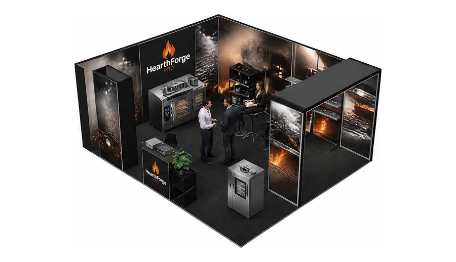 Stoisko 6 × 5 m narożne lewe dla branży wyposażenie gastronomii, przykładowa marka HearthForge Pro