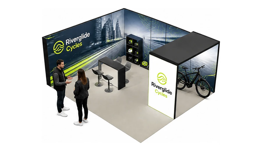 Stoisko 6 × 5 m narożne lewe dla branży rowery elektryczne, przykładowa marka Riverglide Cycles