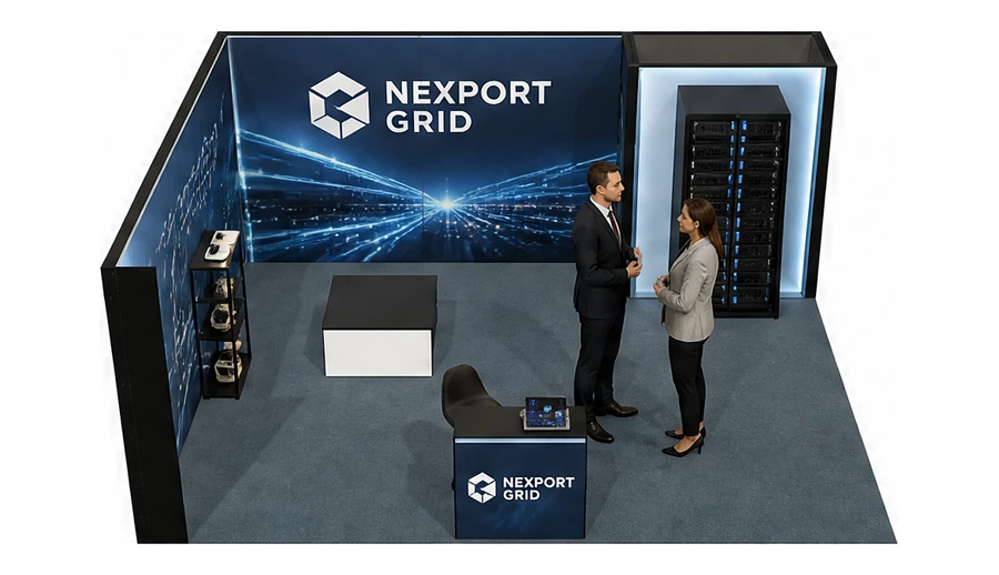 Stoisko 6 × 5 m narożne lewe dla branży infrastruktura IT i data center, przykładowa marka Nexport Grid