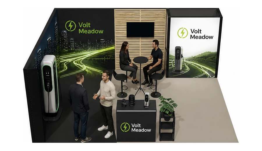 Stoisko 6 × 5 m narożne lewe dla branży elektromobilność i ładowarki, przykładowa marka Volt Meadow