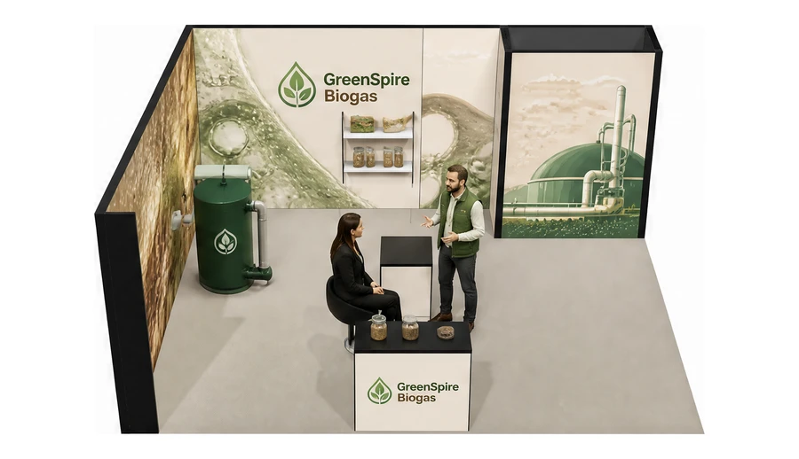 Stoisko 6 × 5 m narożne lewe dla branży biogaz i OZE, przykładowa marka GreenSpire Biogas