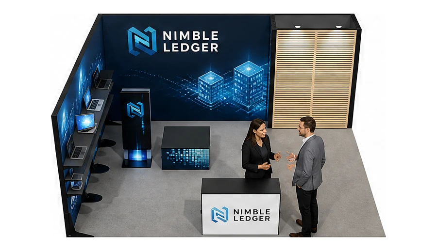 Stoisko 6 × 5 m narożne lewe dla branży oprogramowanie dla firm, przykładowa marka Nimble Ledger
