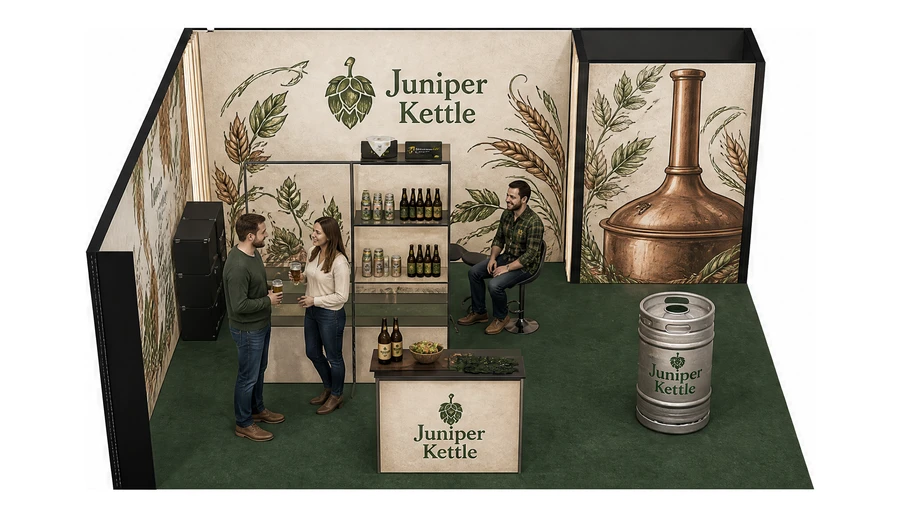 Stoisko 6 × 5 m narożne lewe dla branży browar rzemieślniczy, przykładowa marka Juniper Kettle