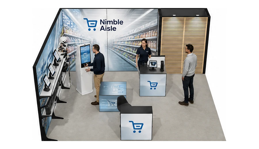 Stoisko 6 × 5 m narożne lewe dla branży technologie dla handlu, przykładowa marka Nimble Aisle