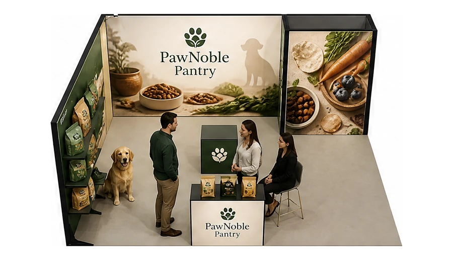 Stoisko 6 × 5 m narożne lewe dla branży karma dla zwierząt, przykładowa marka PawNoble Pantry