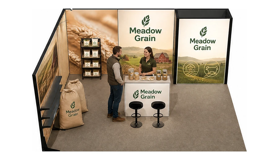 Stoisko 6 × 5 m narożne lewe dla branży hodowla i pasze, przykładowa marka Meadow Grain