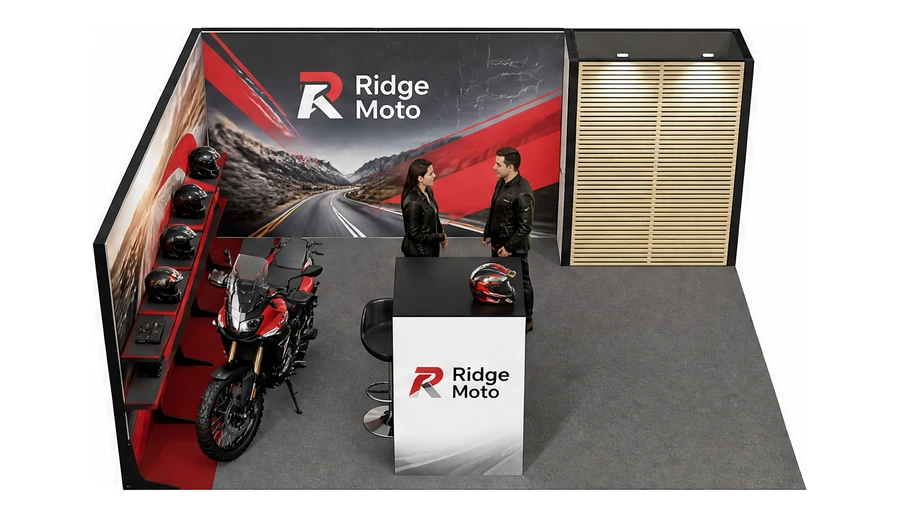 Stoisko 6 × 5 m narożne lewe dla branży motocykle i skutery, przykładowa marka Ridge Moto
