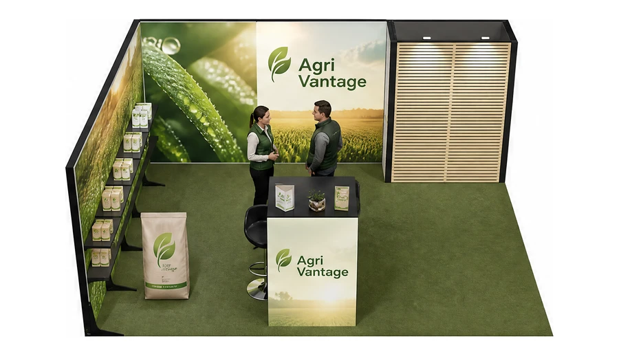 Stoisko 6 × 5 m narożne lewe dla branży nawozy i ochrona roślin, przykładowa marka Agri Vantage