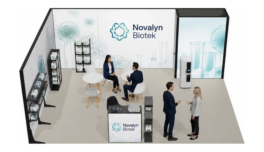 Stoisko 6 × 5 m narożne lewe dla branży farmacja i biotechnologia, przykładowa marka Novalyn Biotek
