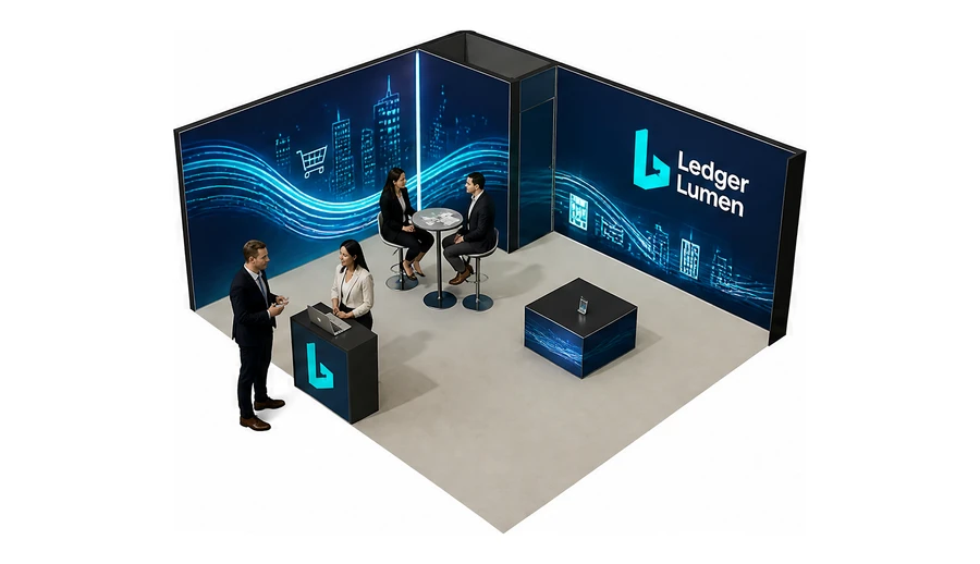 Stoisko 6 × 5 m narożne lewe dla branży płatności online, przykładowa marka Ledger Lumen