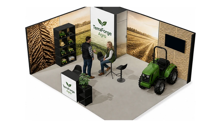 Stoisko 6 × 5 m narożne lewe dla branży maszyny rolnicze, przykładowa marka TerraForge Agro