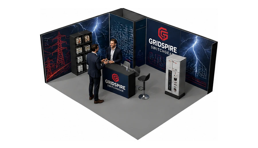 Stoisko 6 × 5 m narożne lewe dla branży energetyka i sieci, przykładowa marka Gridspire Switchgear