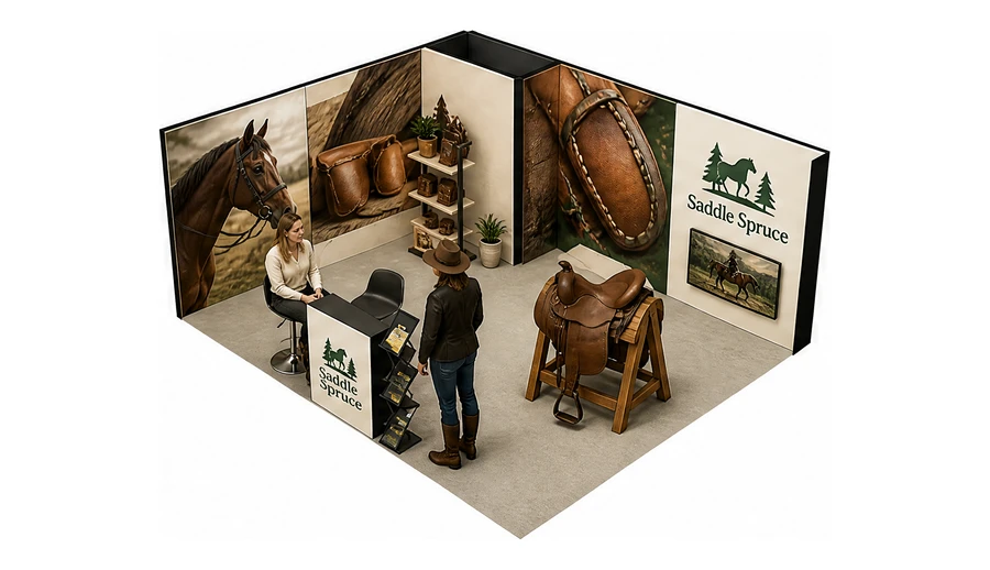 Stoisko 6 × 5 m narożne lewe dla branży jeździectwo, przykładowa marka Saddle Spruce