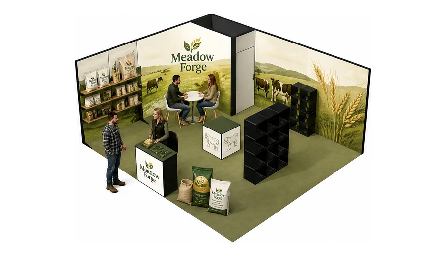 Stoisko 6 × 5 m narożne lewe dla branży hodowla i pasze, przykładowa marka Meadow Forge