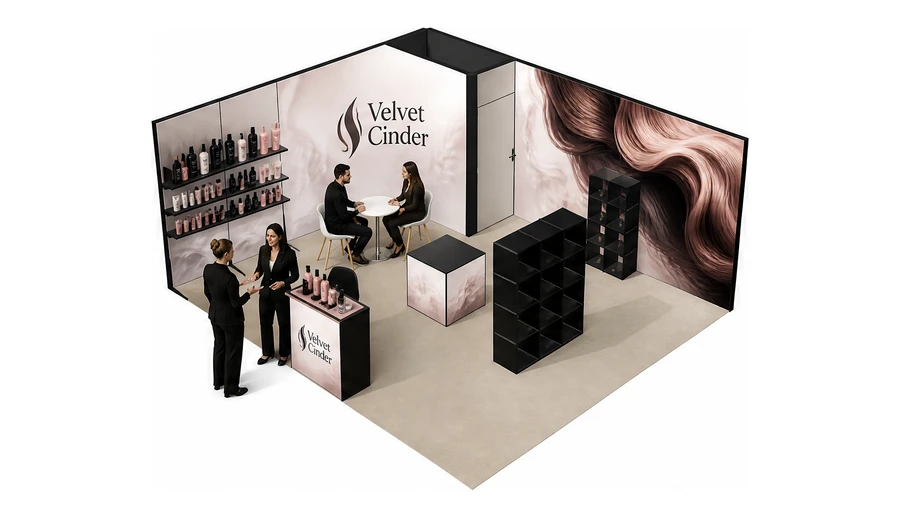 Stoisko 6 × 5 m narożne lewe dla branży fryzjerstwo i salony beauty, przykładowa marka Velvet Cinder