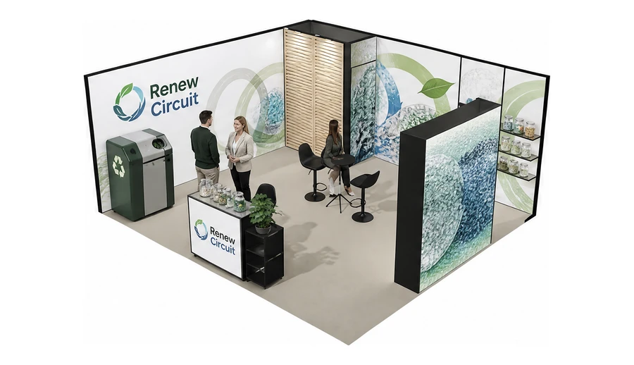 Stoisko 6 × 5 m narożne lewe dla branży recykling i ochrona środowiska, przykładowa marka Renew Circuit