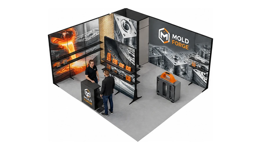 Stoisko 6 × 5 m narożne lewe dla branży przetwórstwo tworzyw, przykładowa marka Mold Forge