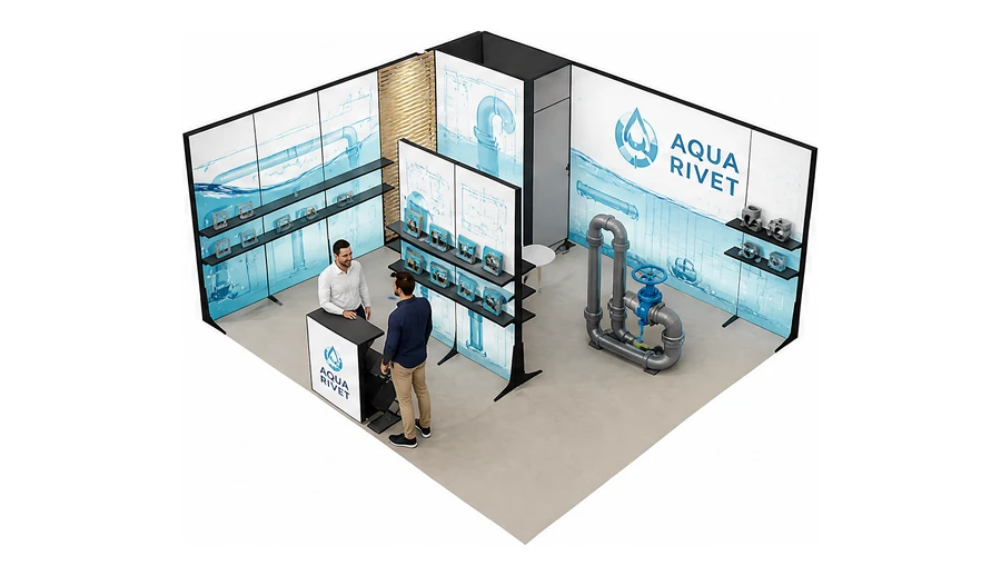 Stoisko 6 × 5 m narożne lewe dla branży instalacje wodno-kanalizacyjne, przykładowa marka Aqua Rivet