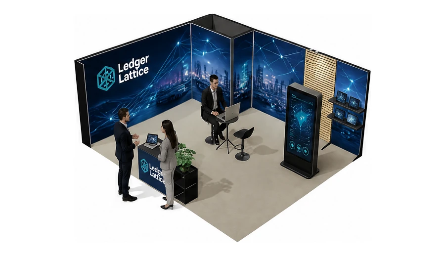 Stoisko 6 × 5 m narożne lewe dla branży oprogramowanie dla firm, przykładowa marka Ledger Lattice