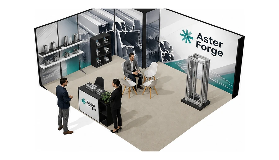 Stoisko 6 × 5 m narożne lewe dla branży profile aluminiowe, przykładowa marka Aster Forge