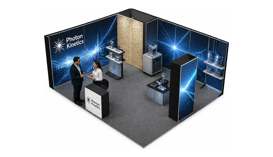 Stoisko 6 × 5 m narożne lewe dla branży technika laserowa i fotonika, przykładowa marka Photon Kinetics