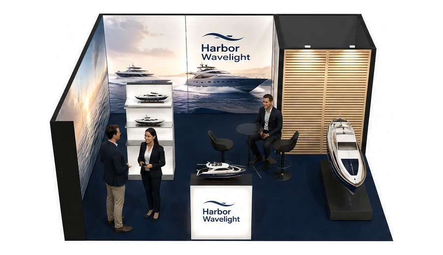 Stoisko 6 × 5 m narożne lewe dla branży jachty i łodzie, przykładowa marka Harbor Wavelight