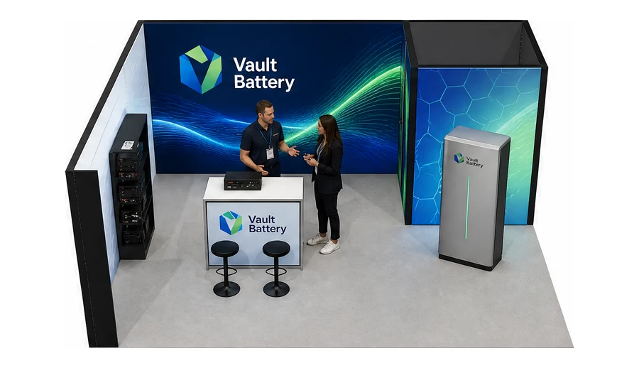 Stoisko 6 × 5 m narożne lewe dla branży magazyny energii, przykładowa marka Vault Battery