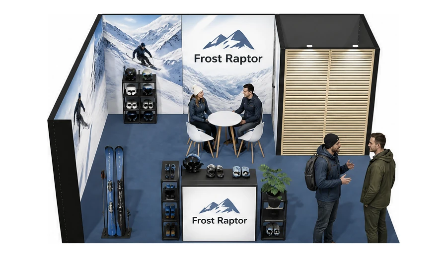 Stoisko 6 × 5 m narożne lewe dla branży narciarstwo i sporty zimowe, przykładowa marka Frost Raptor