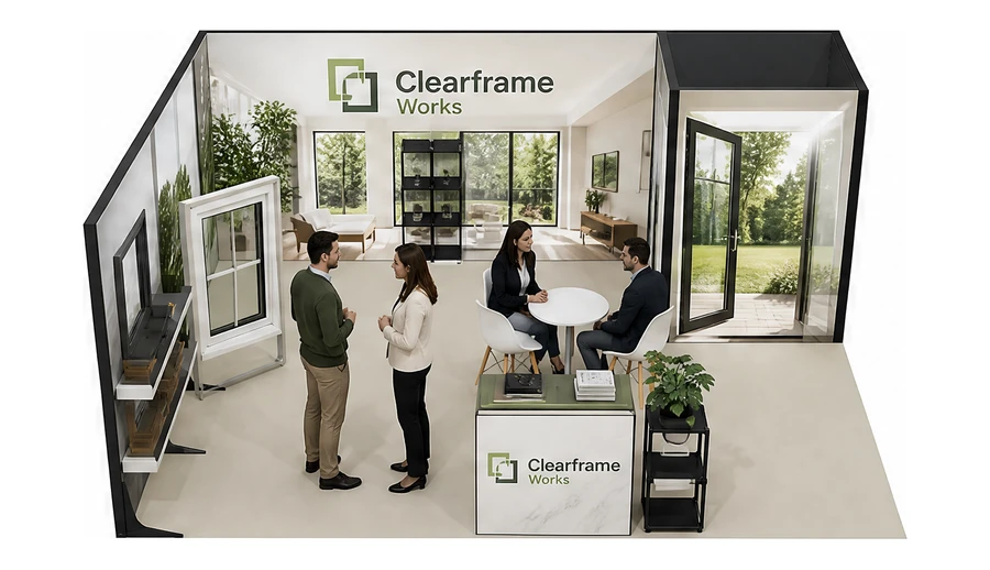 Stoisko 6 × 5 m narożne lewe dla branży okna i drzwi, przykładowa marka Clearframe Works