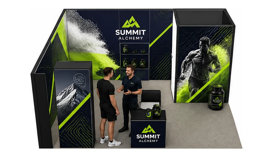 Stoisko 6 × 5 m narożne lewe dla branży suplementy diety, przykładowa marka Summit Alchemy