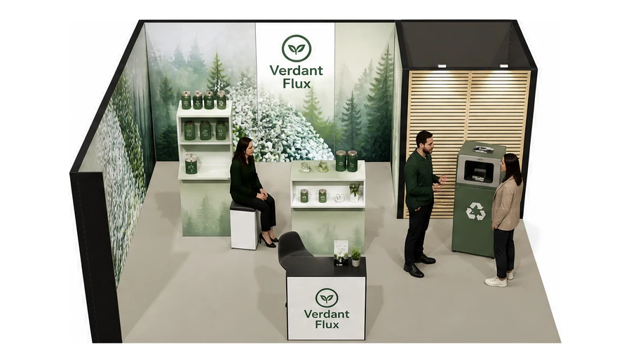 Stoisko 6 × 5 m narożne lewe dla branży recykling i ochrona środowiska, przykładowa marka Verdant Flux