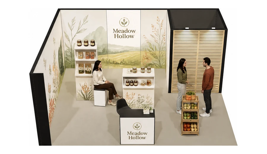 Stoisko 6 × 5 m narożne lewe dla branży żywność ekologiczna, przykładowa marka Meadow Hollow