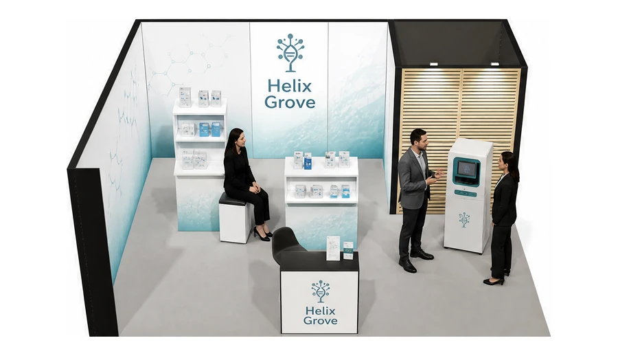 Stoisko 6 × 5 m narożne lewe dla branży farmacja i biotechnologia, przykładowa marka Helix Grove