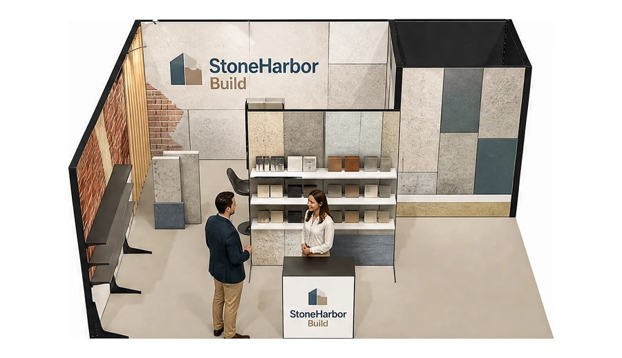 Stoisko 6 × 5 m narożne lewe dla branży materiały budowlane, przykładowa marka StoneHarbor Build